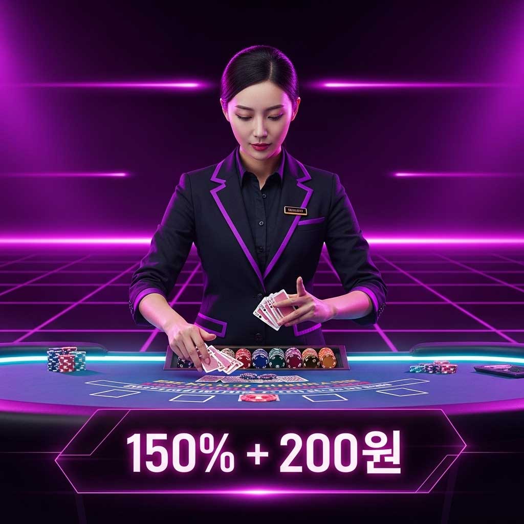 라이브 카지노 딜러가 있는 테이블 이미지와 150% + 200 프리스핀 보너스를 강조하는 그래픽