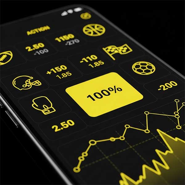 스마트폰 화면에 표시된 스포츠 베팅 플랫폼과 함께 100% 보너스 금액을 강조하는 이미지